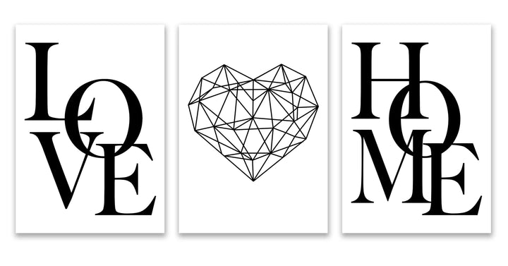 Set of 3Pcs Geometric Love Home Heart Wall Art Fine Art Canvas Prints Black White Minimalist Posters Pictures For Living Room Bedroom Art Decor | Bowlift