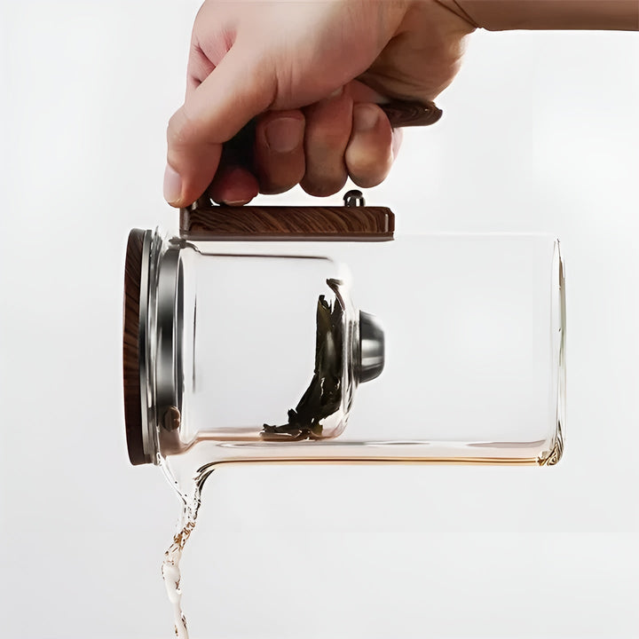 Glass teapot with wooden handle – One-click filter | Perfect for loose tea & Puer | Bowlift