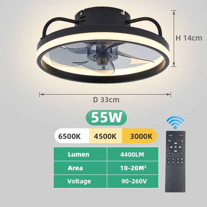 Modern LED Ceiling Fan Light with DC Motor - 6 Speed, Timer, Low Floor Attic Fan, Remote Control Decorative Light | Bowlift