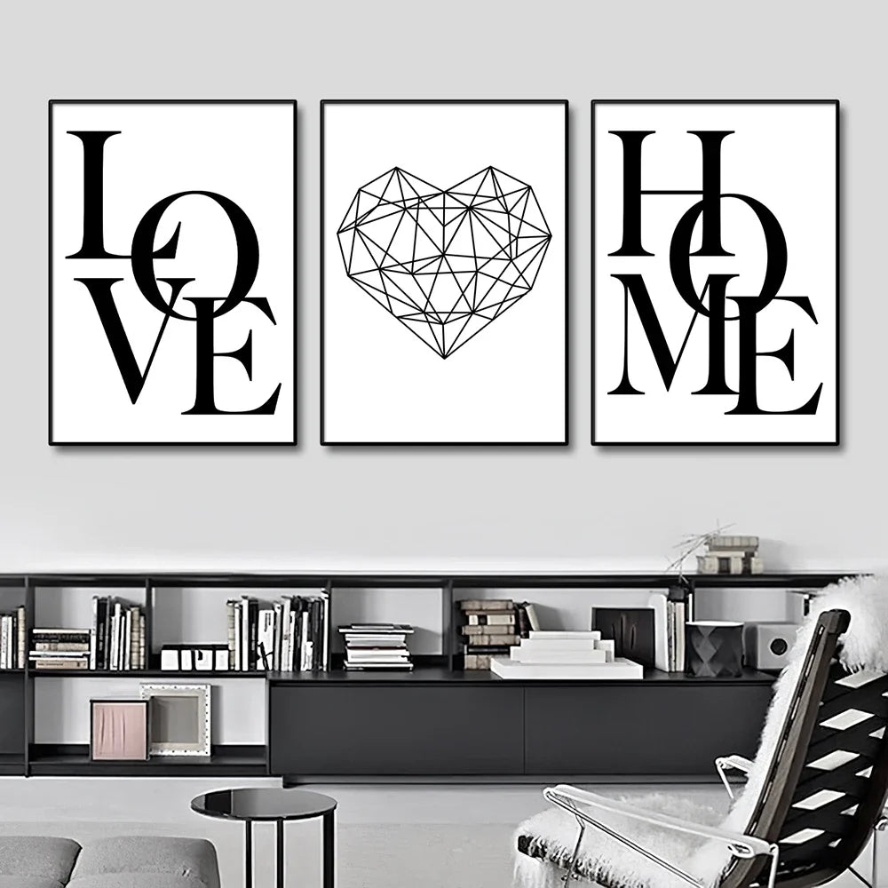 Set of 3Pcs Geometric Love Home Heart Wall Art Fine Art Canvas Prints Black White Minimalist Posters Pictures For Living Room Bedroom Art Decor | Bowlift