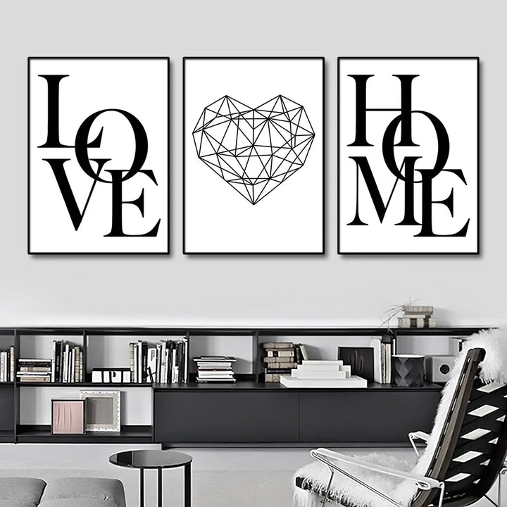 Set of 3Pcs Geometric Love Home Heart Wall Art Fine Art Canvas Prints Black White Minimalist Posters Pictures For Living Room Bedroom Art Decor | Bowlift