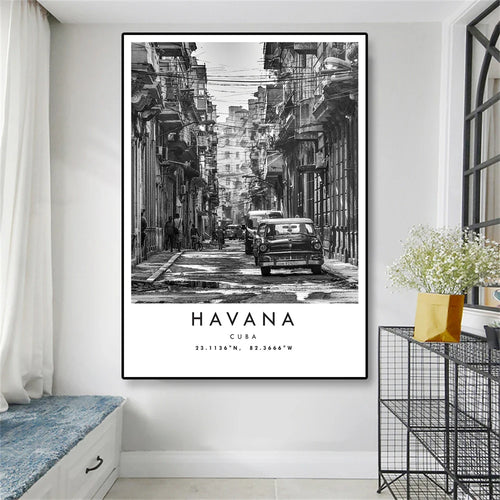 Cuba Havana Black & White Travel Poster Wall Art Fine Art Canvas Prints Pictures For Living Room Dining Room | Bowlift