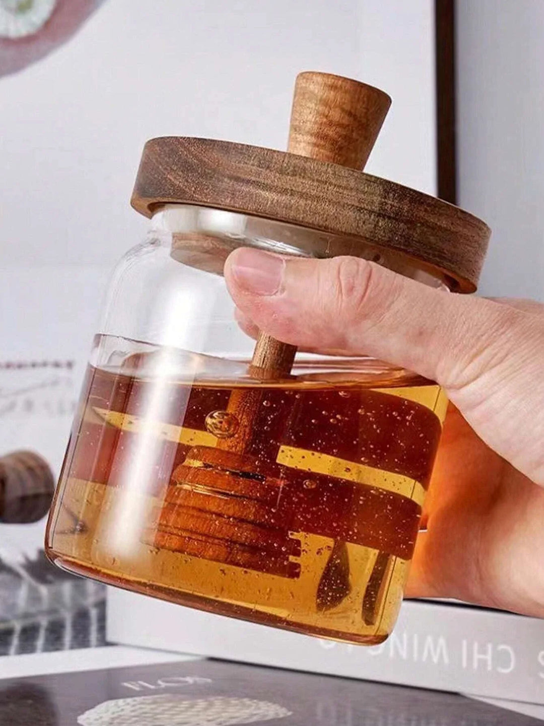 BowLift | MeliVita Honey jar with wooden lid & stirring stick | Airtight glass storage container | Transparent honey vessel for kitchen & breakfast table