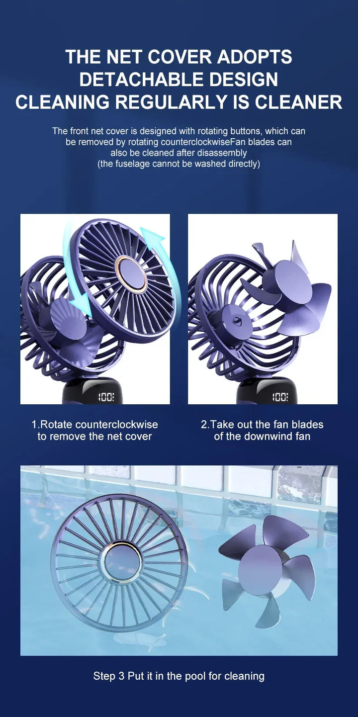 5000mAh Handheld Mini Fan – Wireless USB Rechargeable Portable Fan with Digital Display, Phone Holder, 5-Speed Foldable Neck Hanging Fan | Bowlift