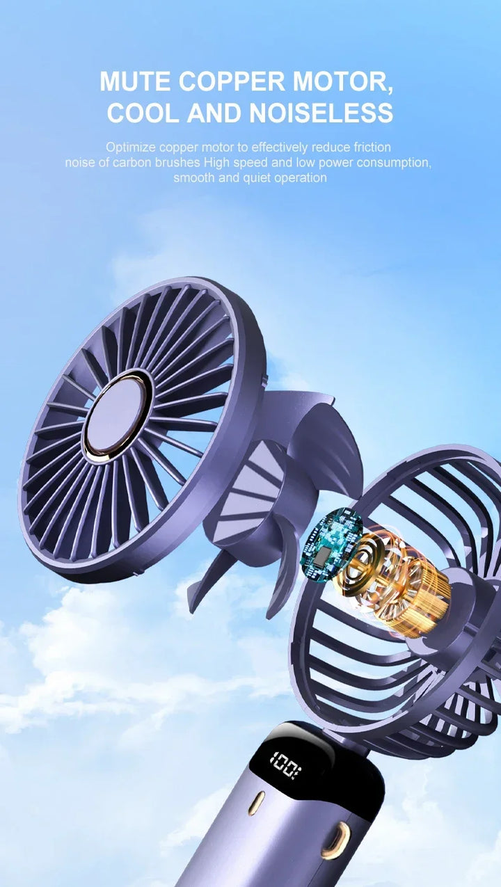 5000mAh Handheld Mini Fan – Wireless USB Rechargeable Portable Fan with Digital Display, Phone Holder, 5-Speed Foldable Neck Hanging Fan | Bowlift