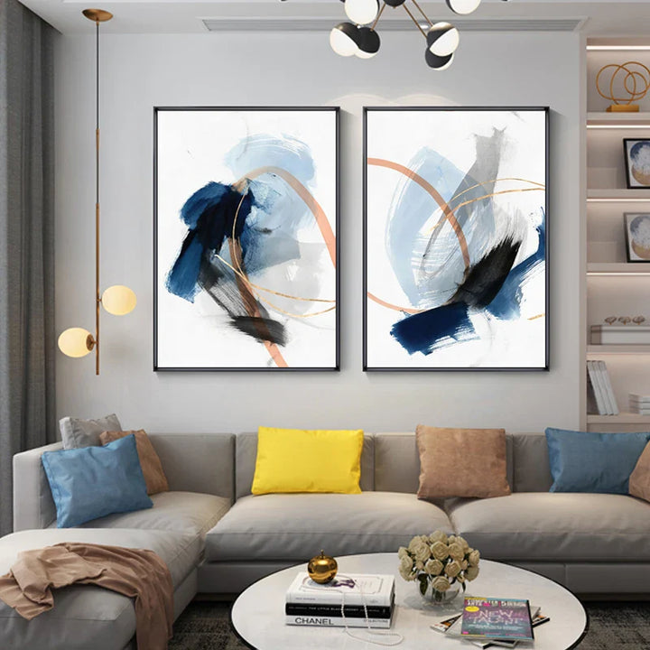 Modern Abstract Broad Stroke Wall Art Fine Art Canvas Prints Blue Beige With Hints Of Orange Golden Nordic Pictures For Living Room Decor | Bowlift