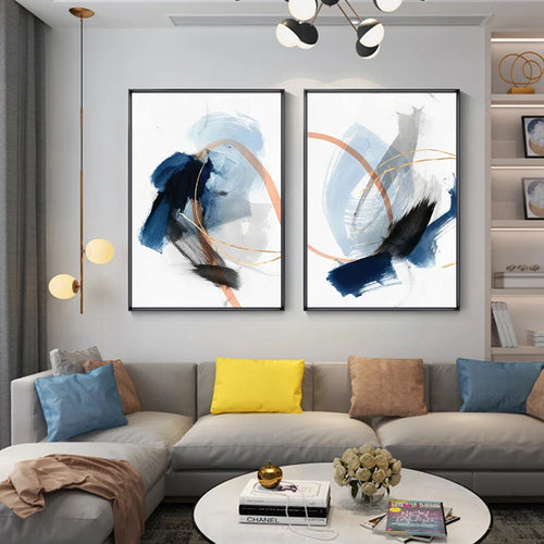 Modern Abstract Broad Stroke Wall Art Fine Art Canvas Prints Blue Beige With Hints Of Orange Golden Nordic Pictures For Living Room Decor | Bowlift