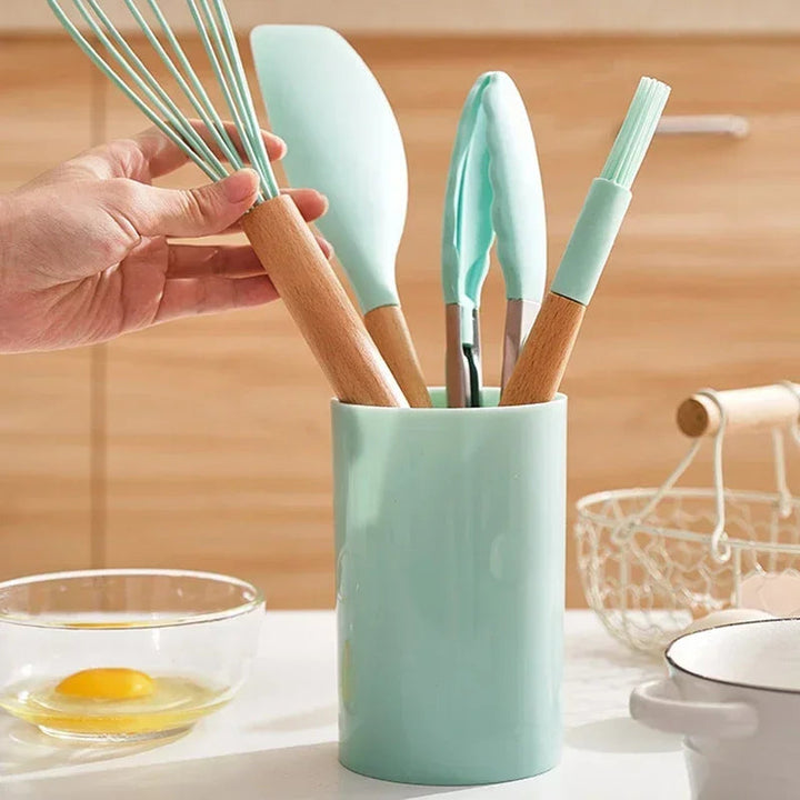 12-piece silicone cooking utensils set with wooden handles | Bowlift