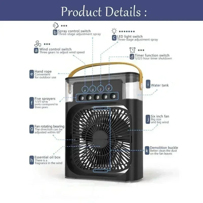 3-in-1 Mini Air Cooler Fan – Portable Household Air Conditioner with LED Night Light, Humidifier, and Adjustable Air for Home & Office | Bowlift