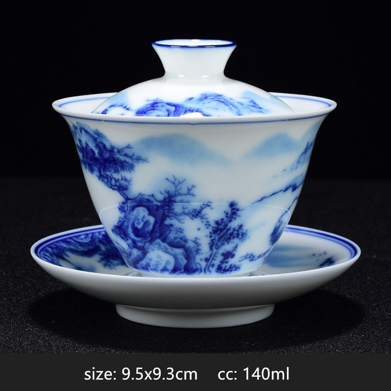 BowLift | PorceVive Gaiwan Tea Cup | Handcrafted Porcelain with Landscape Pattern | Chinese Tea Set with Lid
