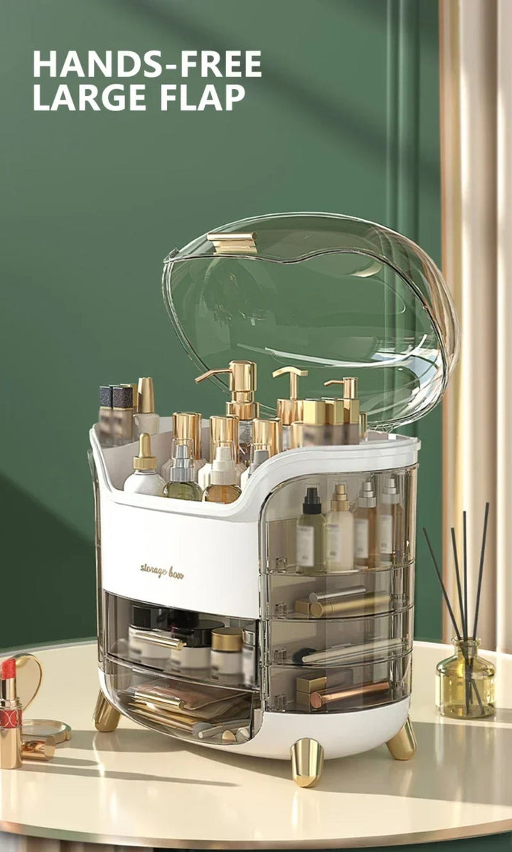 Luxury transparent makeup organizer with rotating doors and drawers | Bowlift