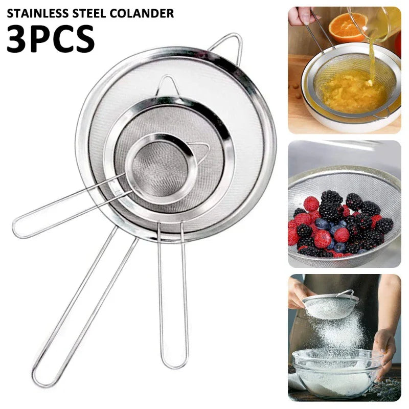 BowLift | Stainless Steel Kitchen Sieve Set ProSift MeshLine | 3-piece | Fine sieve for flour, juice, soy milk & pasta | 8/10/14 cm diameter