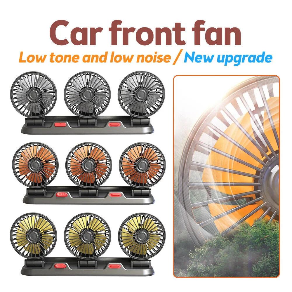 360° Adjustable Car Fan - 3-Head Automotive Electric Fan - USB/12V/24V - 2 Speeds - Silent Cooling for Home, Desk, Office & Car | Bowlift