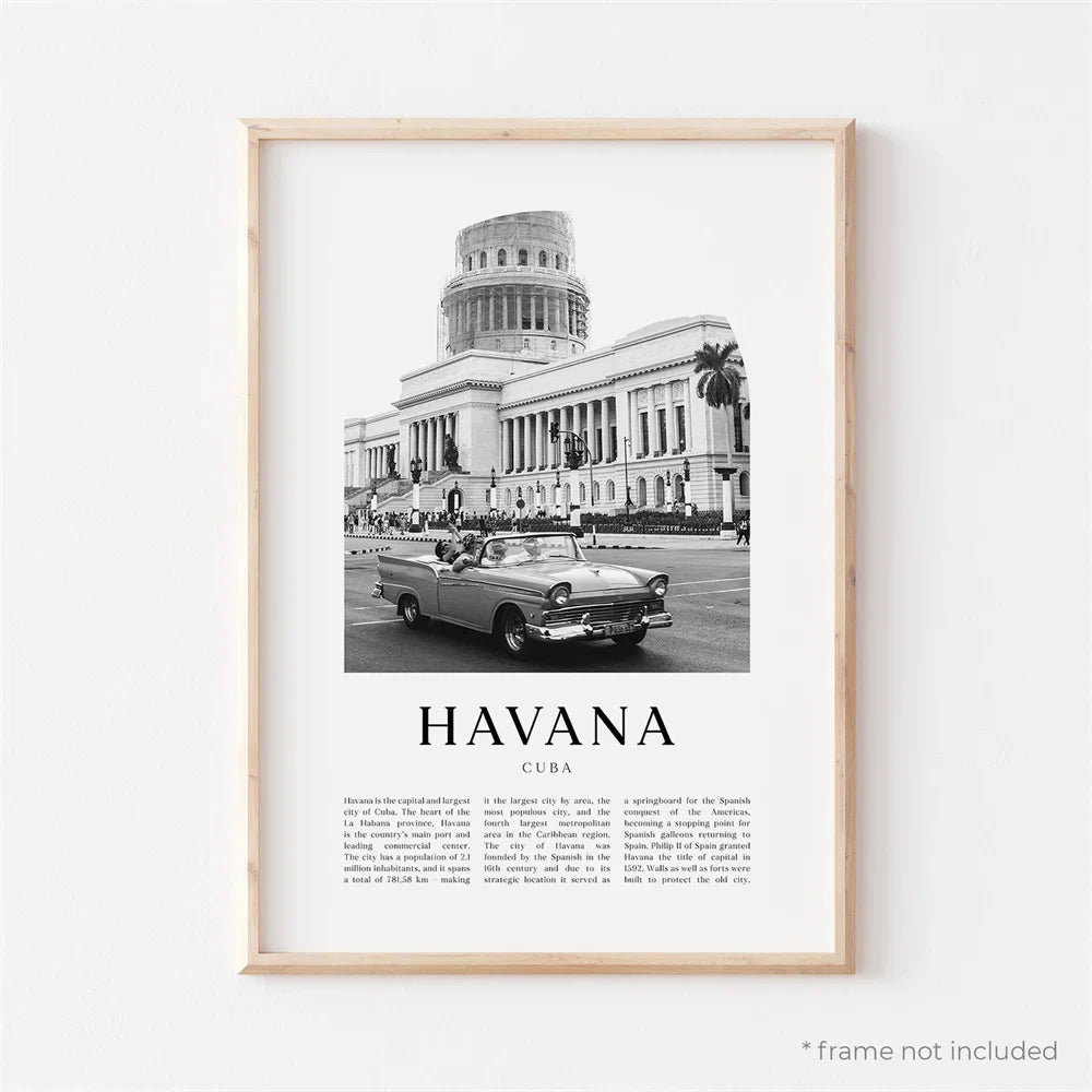 Cuba Havana Black & White Travel Poster Wall Art Fine Art Canvas Prints Pictures For Living Room Dining Room | Bowlift