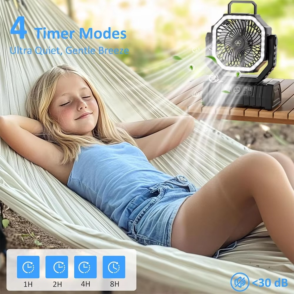 Rechargeable Camping Fan with 20000mAh Battery, 4 Speeds and LED Lantern | Bowlift