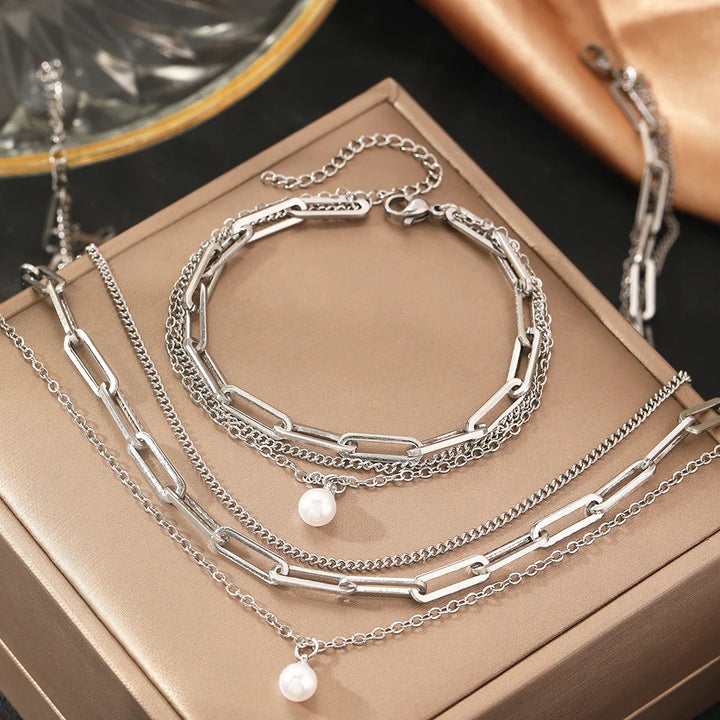 BowLift | Paperclip & Curb Chain Dainty Pearl Bracelet and Necklace Stack Set