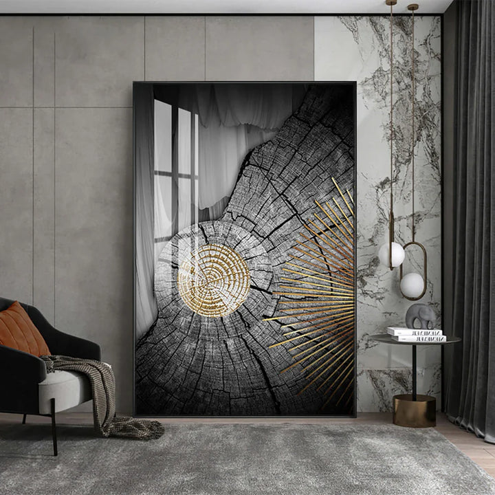 Abstract Black Golden Tree Rings Wall Art Fine Art Canvas Prints Light Luxury Pictures For Living Room Foyer Entranceway Reception Room Art Decor | Bowlift