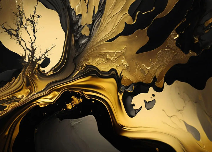 Modern Flowing Geometry Black Golden Abstract Wall Art Fine Art Canvas Prints Pictures For Living Room Dining Room Home Office Decor | Bowlift