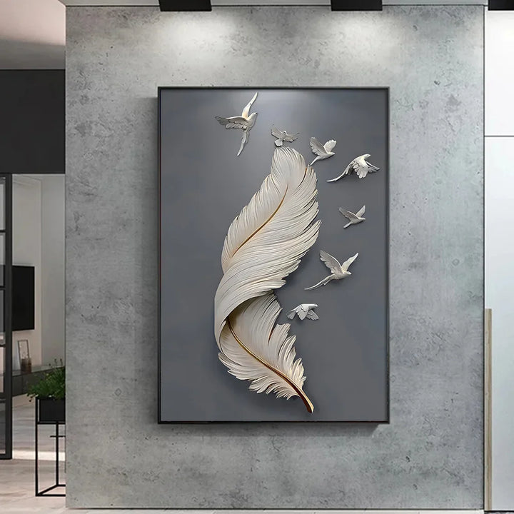 Seven Birds Feather Wall Art Fine Art Canvas Prints 3d Visualization Minimalist Abstract Pictures For Living Room Entranceway, Foyer Art Decor | Bowlift