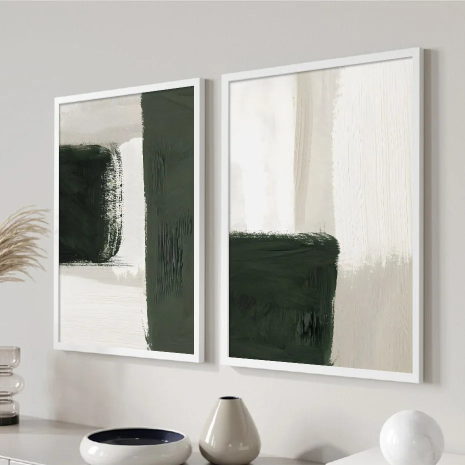 Modern Abstract Green Beige White Brushstroke Canvas Prints Nordic Wall Artwork For Contemporary Living Room Home Decor Artwork | Bowlift