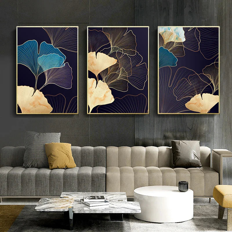Abstract Botanical Tropical Blue Aubergine Floral Wall Art Fine Art Canvas Prints Pictures For Living Room Bedroom Hotel Room Decor | Bowlift