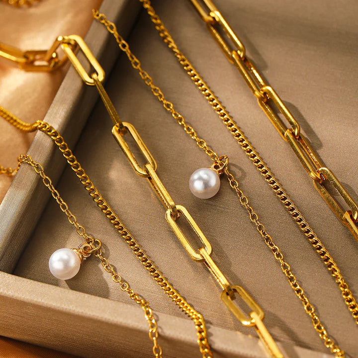BowLift | Paperclip & Curb Chain Dainty Pearl Bracelet and Necklace Stack Set