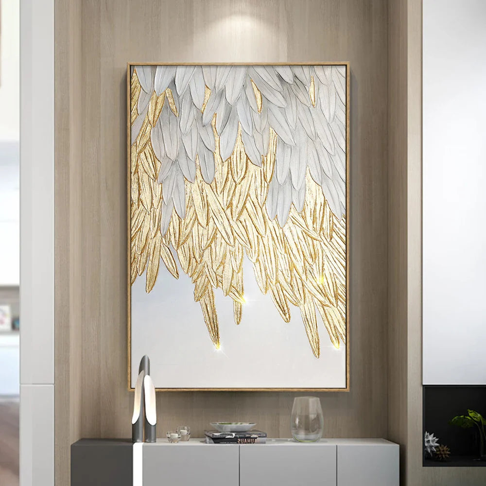 Modern Abstract Golden Feather Design Wall Art Fine Art Canvas Prints Picture For Luxury Living Room Bedroom Entranceway Foyer Art Decor | Bowlift
