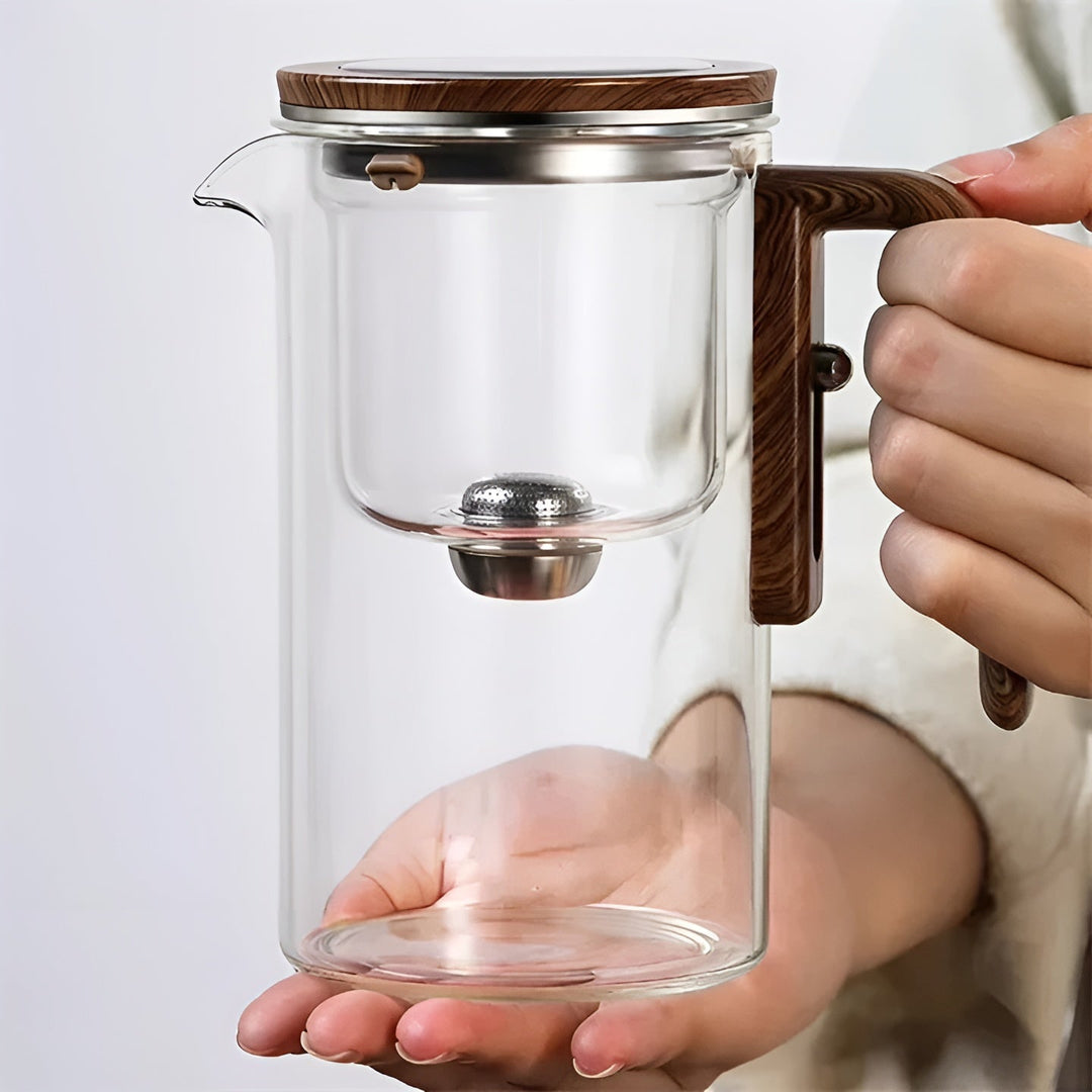 Glass teapot with wooden handle – One-click filter | Perfect for loose tea & Puer | Bowlift
