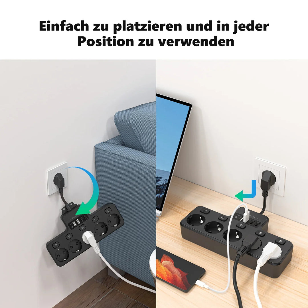 BowLift | Voltaro Pro 9-in-1 | Power Strip EU | 5 AC Outlets + 4 USB (2× Type-C) | Individual Switch | 16A | Short Cable 10 cm
