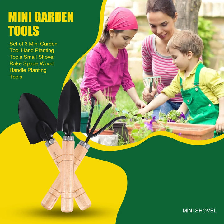 BowLift | Planturio Mini Garden Tool Set 3-piece | Spade, Shovel & Rake | Wooden Handle & Metal Head | For Bonsai & Houseplants