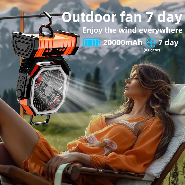 20000mAh Portable Rechargeable Fan — Battery-Operated Desk & Camping Fan with LED Light & Hook for Tent, Car, and Outdoor Trips | Bowlift