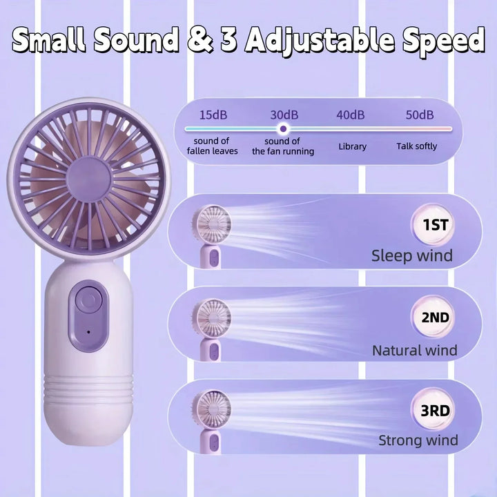 Mini Handheld USB Fan – 3-Speed Strong Wind Portable Desk Fan, Rechargeable for Students, Office, Outdoor, Travel, and Camping | Bowlift