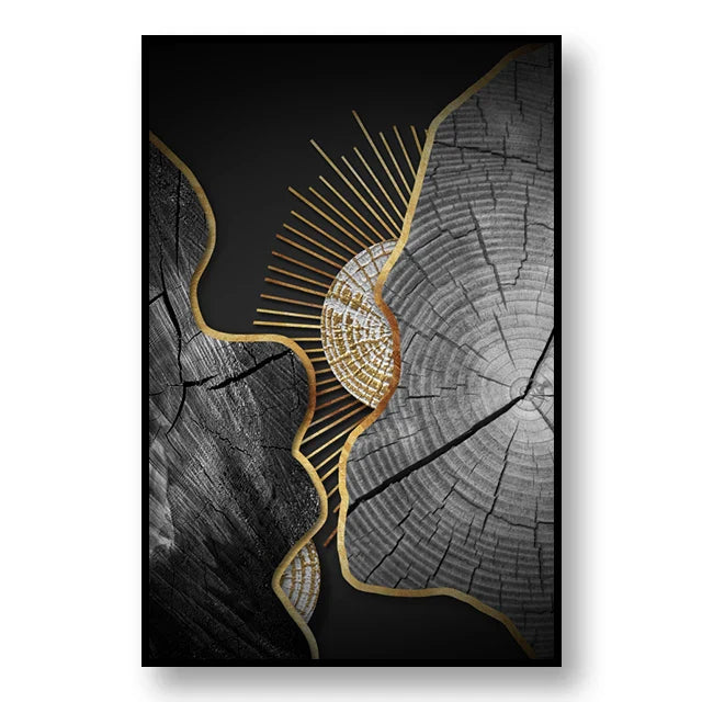 Abstract Black Golden Tree Rings Wall Art Fine Art Canvas Prints Light Luxury Pictures For Living Room Foyer Entranceway Reception Room Art Decor | Bowlift
