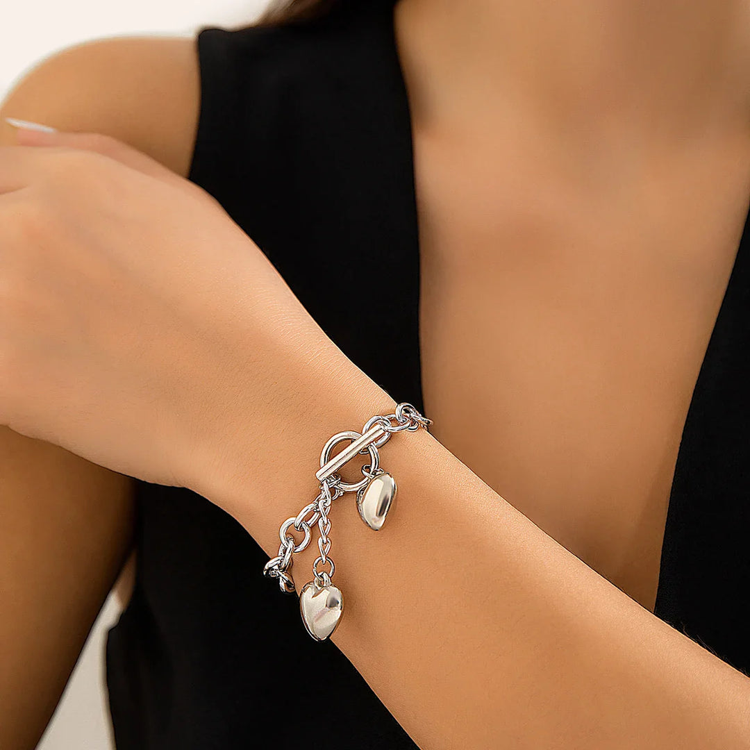 BowLift | Bold Chunky Chain Link Dual Heart Lariat Necklace & Bracelet