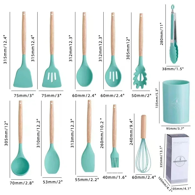 ChefEase – 12-piece silicone kitchen utensil set with wooden handles Bowlift