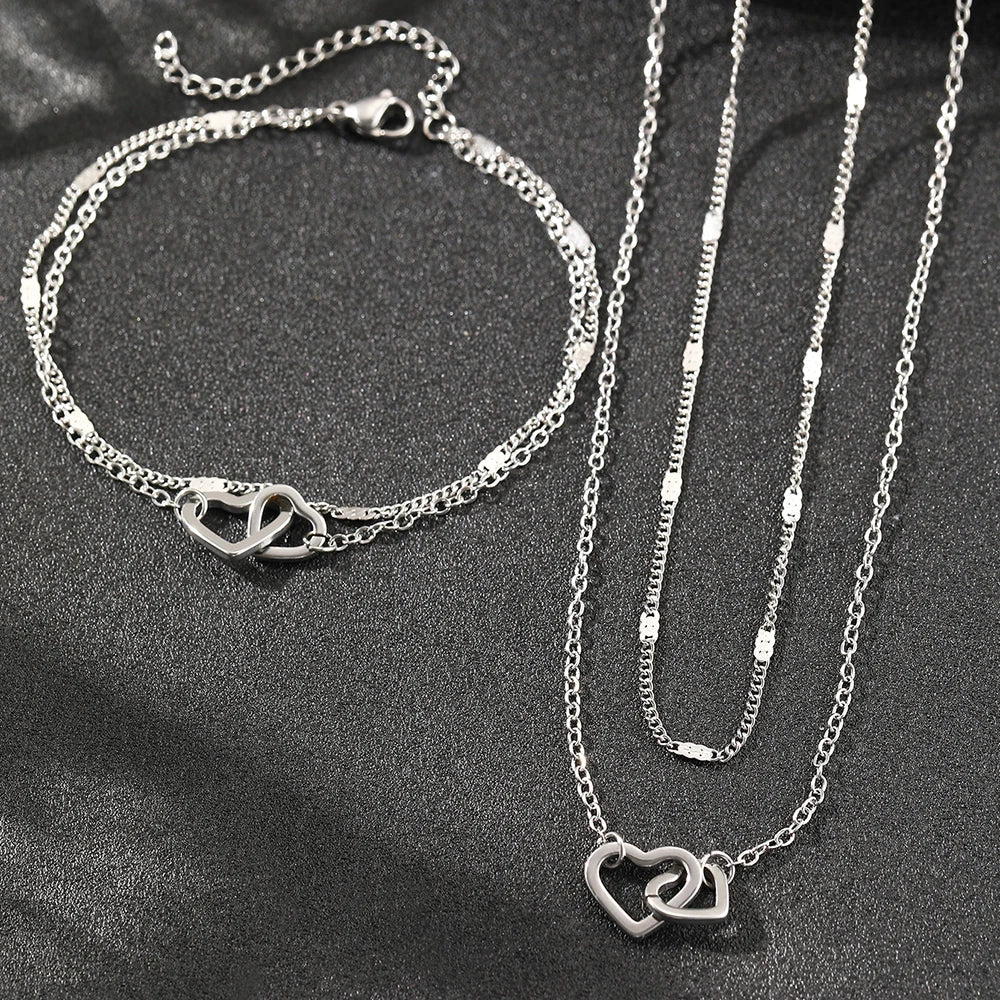 BowLift | Dainty Curb & Chain Link Dual Heart Necklace and Bracelet Set