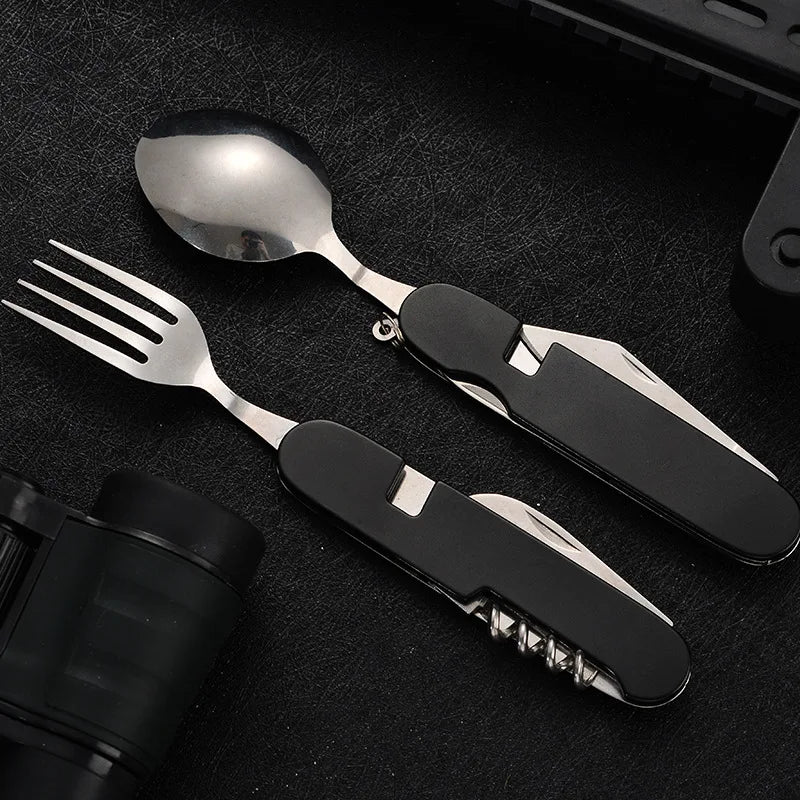 BowLift | 4-in-1 Outdoor Cutlery Set Camplico | Foldable Spoon, Fork, Knife & Bottle Opener | Stainless Steel & Compact | For Camping & Travel