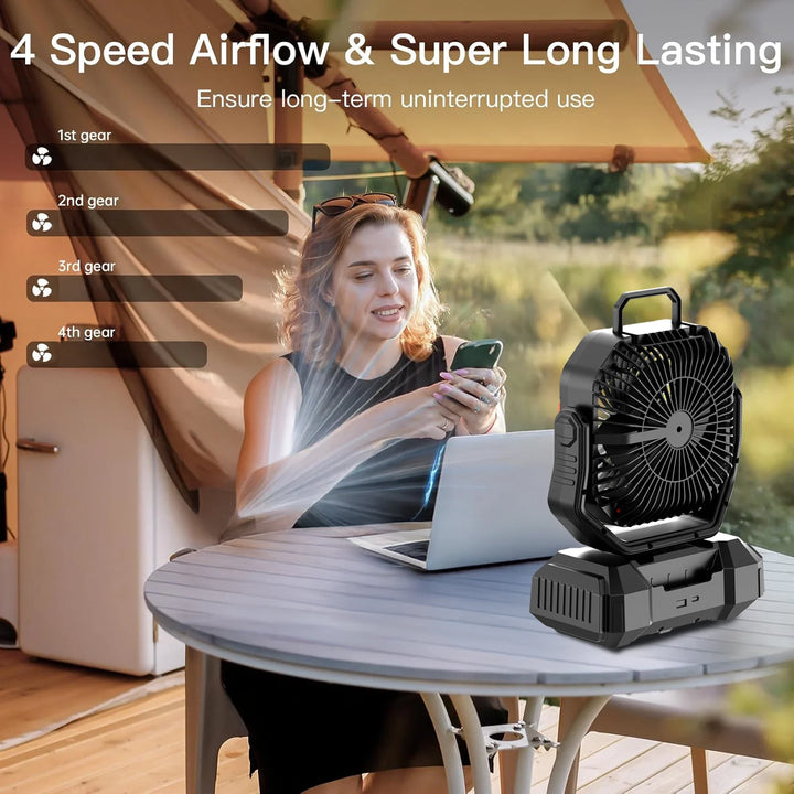 BowLift | Rechargeable Camping Fan with 40000mAh Battery & LED Lantern – F22