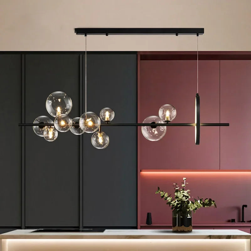 BowLift | Modern creative metal chandelier lighting: 7/10 clear glass bubbles, long round design with G9 light socket