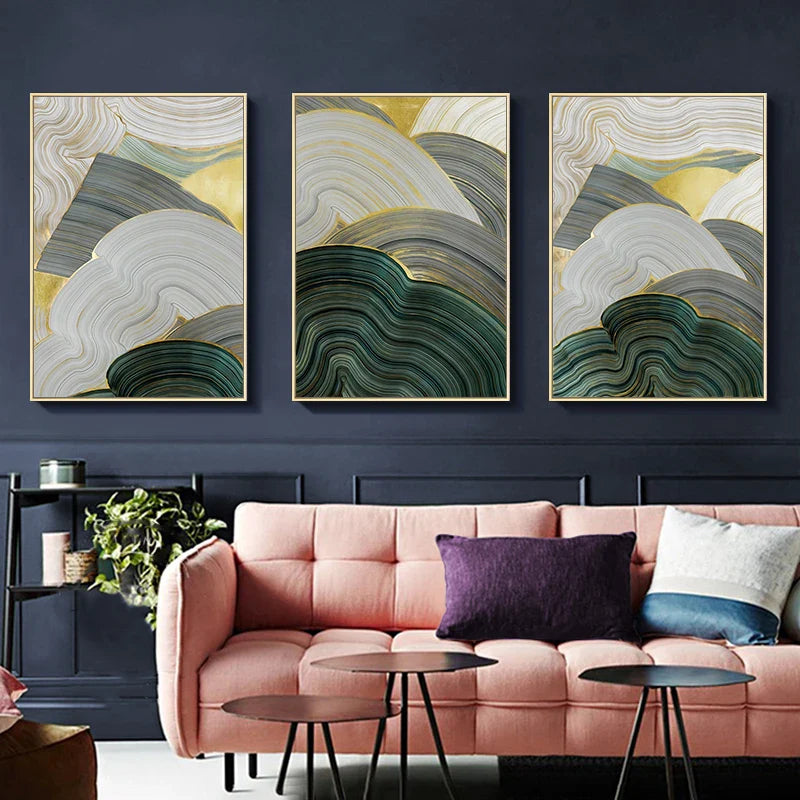 Green Beige Gray Flowing Swirls Abstract Wall Art Fine Art Canvas Prints Pictures For Modern Apartment Dining Room Living Room Art Decor | Bowlift
