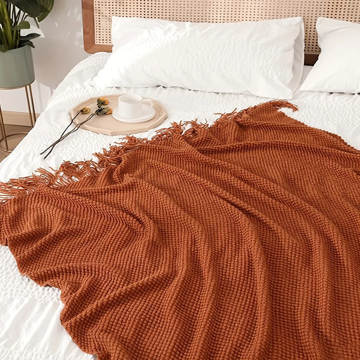 BowLift | Aurelia Cozy Tassel Knitted Blanket in Morandi Orange | Soft & Warm | 3 Sizes | For Sofa, Bed & Travel