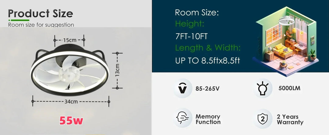 Modern LED Ceiling Fan Light with DC Motor - 6 Speed, Timer, Low Floor Attic Fan, Remote Control Decorative Light | Bowlift