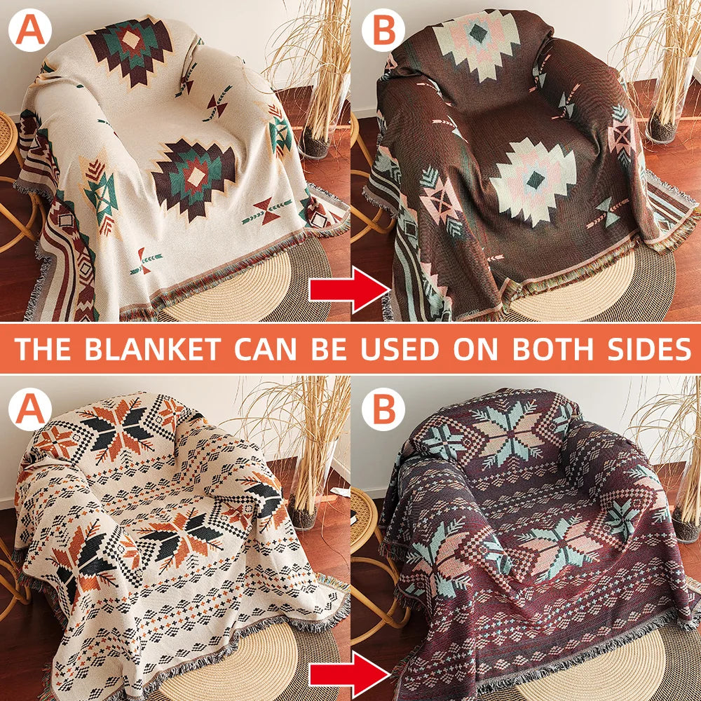 BowLift | AztecaLoom Boho Blanket | XXL Aztec Throw with Fringes | Southwestern Ethno Style | Vintage Throw Blanket made of Cotton Blend