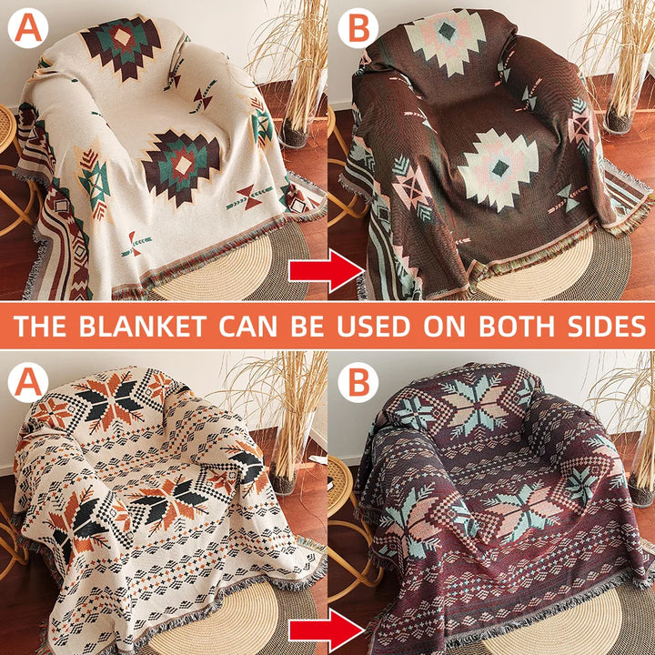 BowLift | AztecaLoom Boho Blanket | XXL Aztec Throw with Fringes | Southwestern Ethno Style | Vintage Throw Blanket made of Cotton Blend