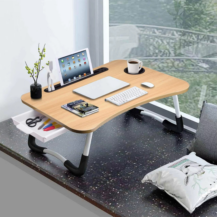 BowLift | Portable Folding Laptop Table with USB Light, Fan, and Cup Holder - 15.75" x 23.62"