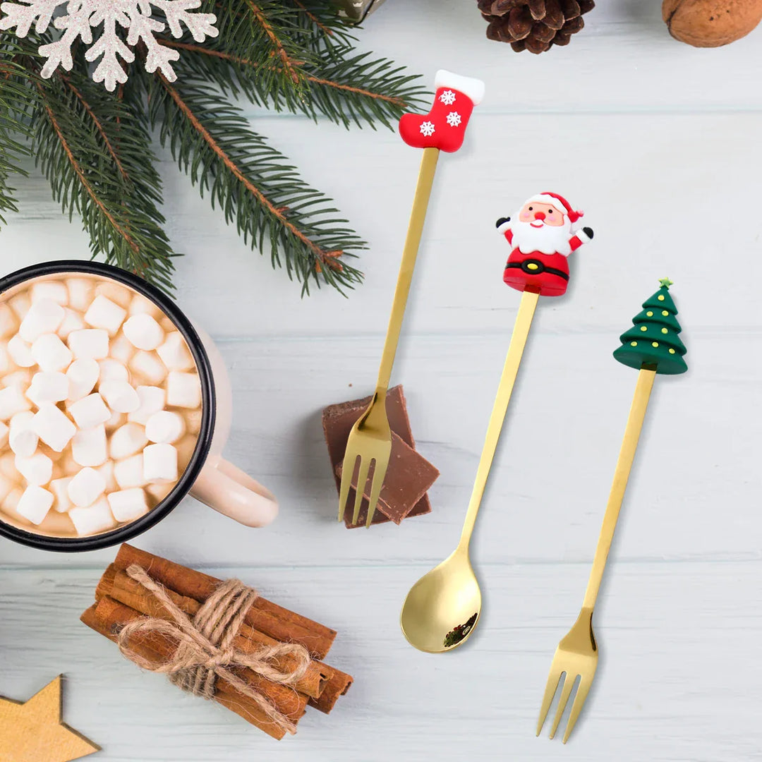 BowLift | GoldParty Christmas Cutlery Set – Luxury Gold Spoon and Fork with Santa Claus Design