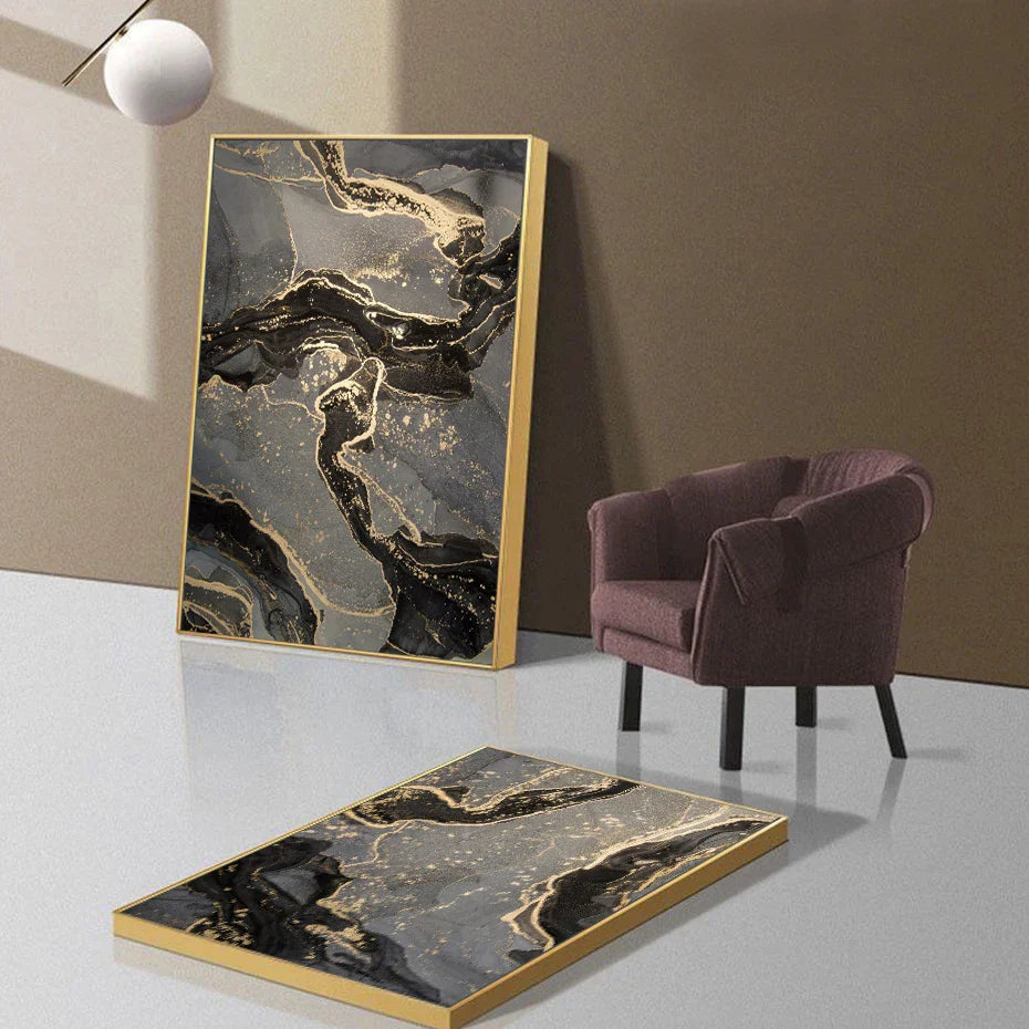 Abstract Black Gray Golden Liquid Marble Print Wall Art Fine Art Canvas Prints Pictures For Modern Apartment Living Room Home Office Decor | Bowlift