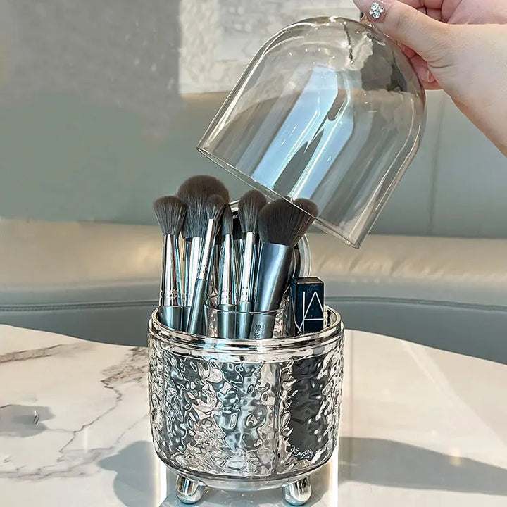 BowLift | Lumora Make-up Brush Organizer with Lid | Dustproof & Rotatable | For Brushes, Lipsticks & Perfume | 360° Rotating | Silver/Gray