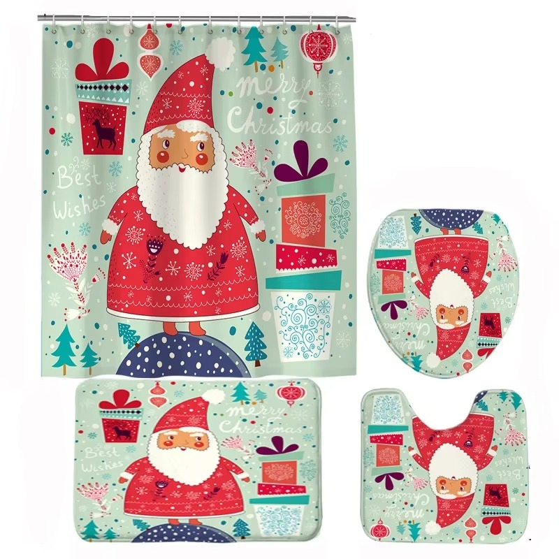BowLift | Christmas Bathroom Set with Shower Curtain, Non-Slip Bath Mat, Toilet Lid Cover, and Rug – Santa, Bear, and Snowman Winter Design
