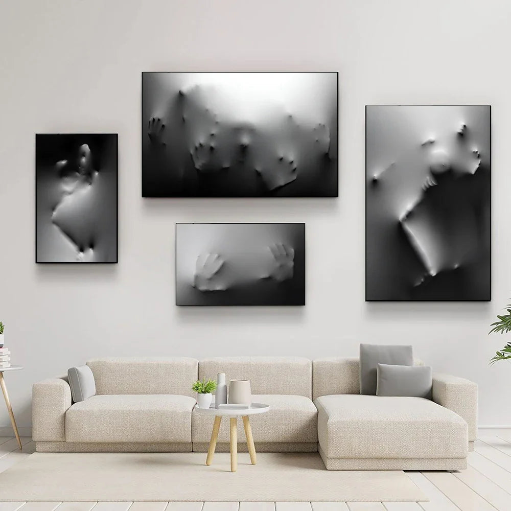 Modern Art Abstract Ghostly Figures In The Wall Canvas Prints Black White Wall Art Posters Pictures For Living Room Bedroom Art Decor | Bowlift